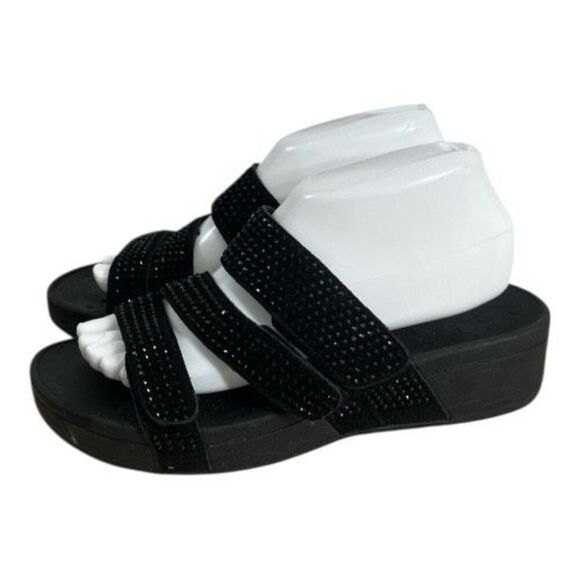 Vionic Alexis Sandals Women Size 8 Black Suede Rhinestone Strappy Slide Platform